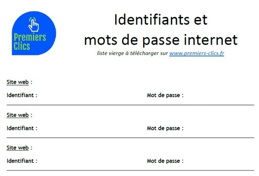 Liste à imprimer pour noter se identifiants et mots de passe internet