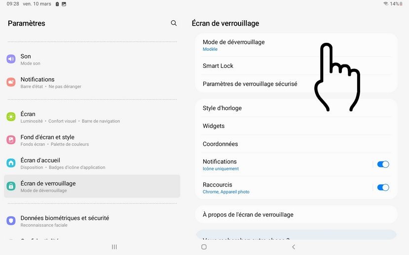 Changer le mode de déverrouillage d'une tablette Android.
