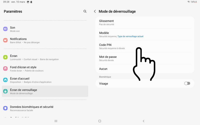 Changer le mode de déverrouillage d'une tablette Android.