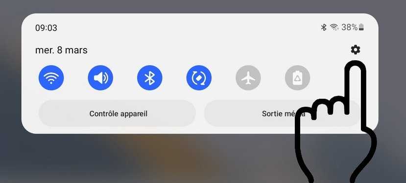Ouvrir les réglages de la tablette via le menu des réglages rapides.