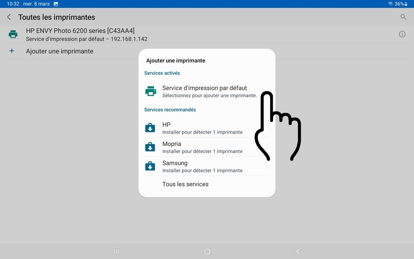 Menu d'impression sur tablette et smartphone