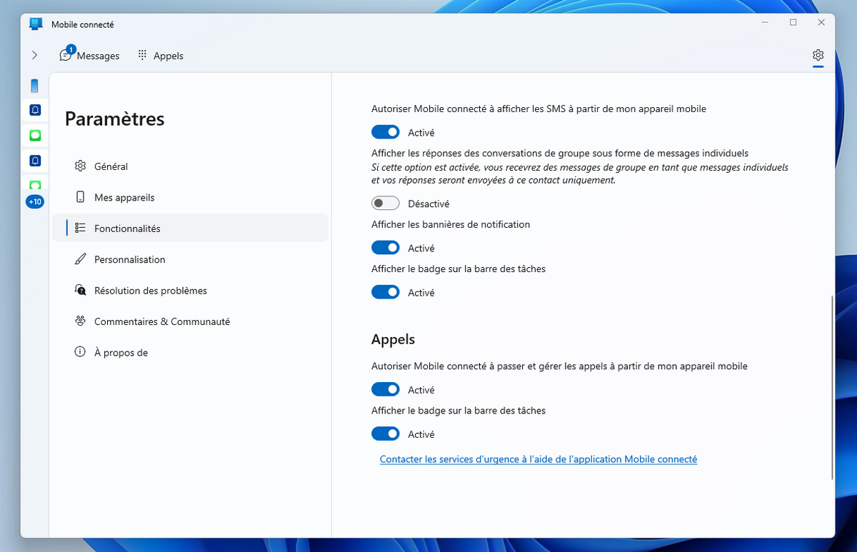 Afficher ou non les SMS et appels en direct sur son PC Gérer les notifications de l'appli Mobile connecté dans Windows
