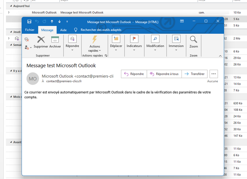 email test envooyé après changement de mot de passe d'un compte Email de test dans outlook