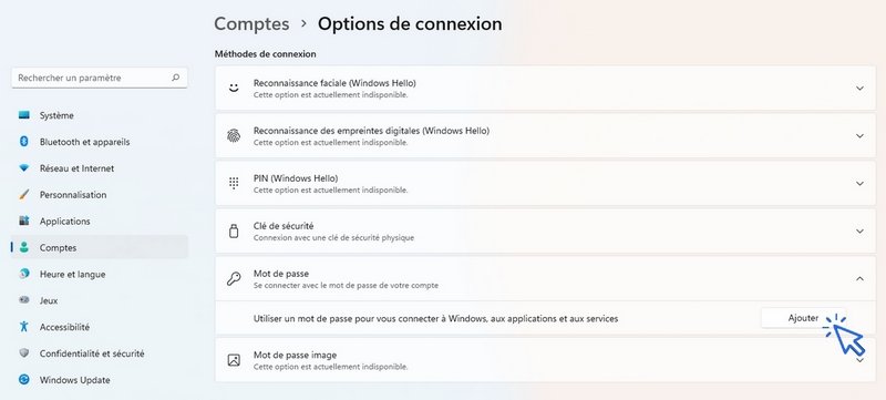 Ajouter un mot de passe à l'ouverture du PC sous Windows 11.