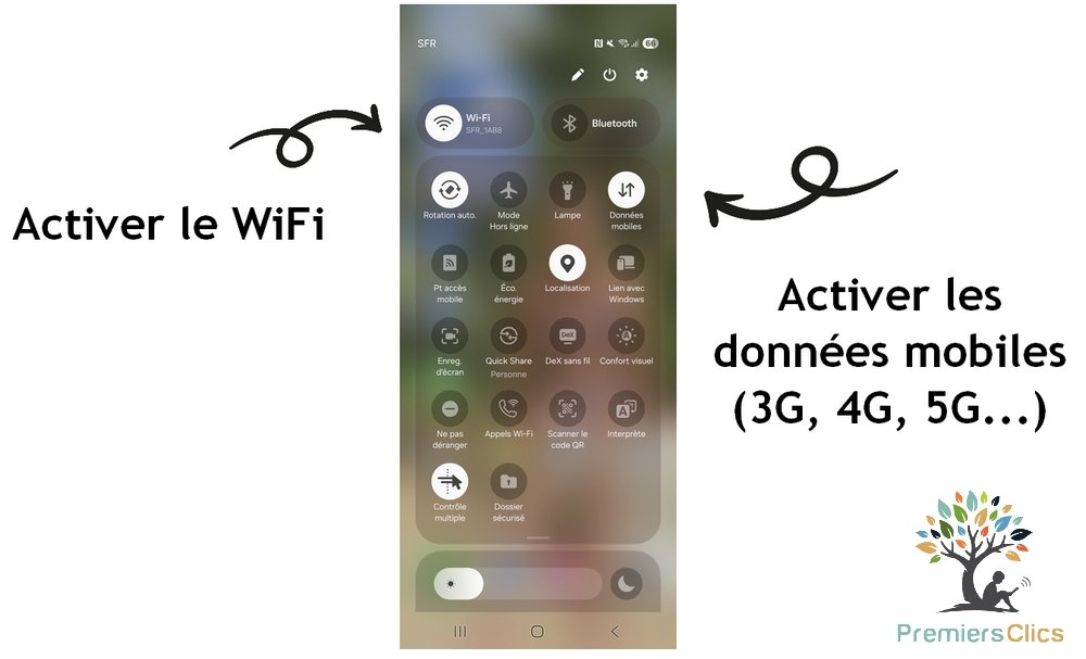 Activer le wifi et les données mobiles pour résoudre les problèmes de connexion internet sur téléphone. Cours et tutos avec Premiers Clics.